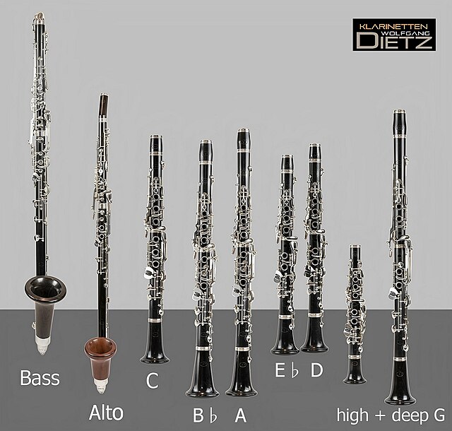A group of different clarinets. In order from left to right: bass clarinet, E♭ alto clarinet, soprano clarinets in C, B♭, A, E♭, and D, and clarinets 