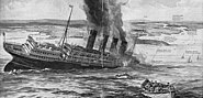 Lusitania is shown sinking as Irish fishermen race to the rescue. In fact, the launching of the lifeboats was more chaotic.