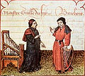 Image 32Guillaume Du Fay (left), with Gilles Binchois (right) in a c. 1440 Illuminated manuscript copy of Martin le Franc's Le champion des dames (from History of music)