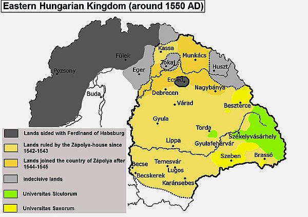 Eastern Hungarian Kingdom around 1550, including Košice shown as 'Kassa'