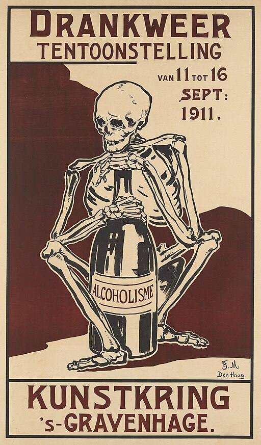 Exhibition poster A skeleton clutching a bottle Wellcome L0072177