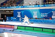 Deutsch: Fechten bei den Olympischen Jugend-Sommerspielen 2018: Tag 1, 7. Oktober 2018, Jungen, Säbel, Finale - Krisztián Rabb (HUN) - Hyun Jun (KOR) (USA) 15:13 English: Fencing at the 2018 Summer Youth Olympics at 7 October 2018 – Boys' sabre Gold medal match – Krisztián Rabb (HUN) Vs Hyun Jun (KOR) (USA) 15:13