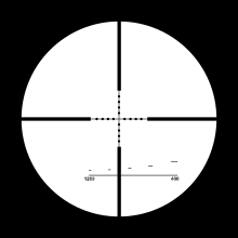 Etched "FinnDot" reticle (a regular mil-dot reticle with the addition of 400 m - 1200 m holdover (stadiametric) rangefinding brackets for 1 meter high or 0.5 meter wide targets at 400, 600, 800, 1000 and 1200 m). Reticle illumination is provided by a tritium ampoule embedded in the elevation turret. Findot reticle.svg