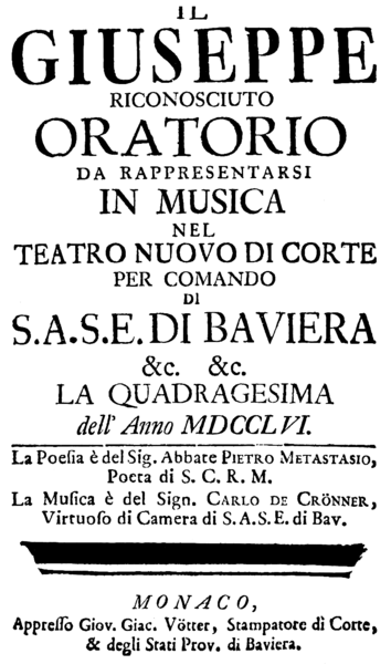File:Franz Carl Thomas Cröner - Il Giuseppe riconosciuto - titlepage of the libretto - Munich 1756.png