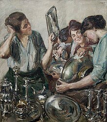Un dipinto del 1919 di Fritz Stotz raffigurante donne che lucidano e puliscono l'argenteria per la casa.