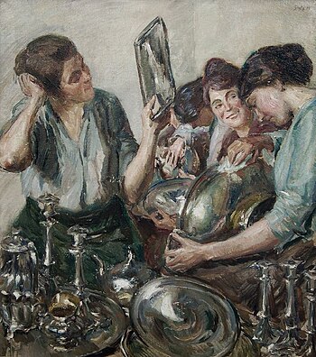 A 1919 painting by Fritz Stotz depicting women polishing and cleaning household silver Fritz Stotz Madchen beim Silberputzen 1919.jpg