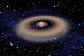 A gas giant forms from instellar gas and dust of a distant proto-star. Gas giant forms from stellar gas - dust.jpg