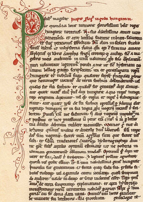 First page of the lone manuscript preserving the text of the Gesta Hungarorum, the only chronicle which mentions Gelou