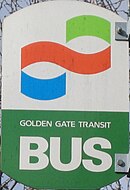 Golden Gate Transit's original logo, in use since the start of service, as seen on a bus stop sign in San Rafael. Golden Gate Transit bus stop sign in February 2008.jpg