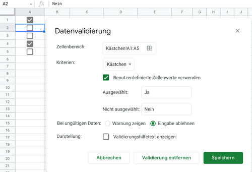 Optionen für Datenvalidierung Kästchen