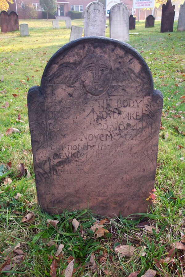 Captain Andrew Drake (1684–1743) sandstone gravestone from the Stelton Baptist Church in Edison, New Jersey