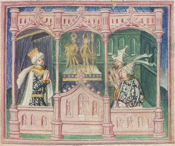 Ragnar Lodbrok with sons Ivar and Ubba, 15th-century miniature in Harley MS 2278 folio 39r