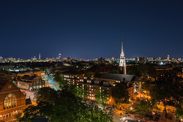 An aerial view of Harvard University at night in July 2017