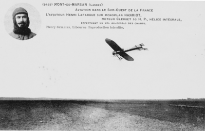 Henri Lafargue, annonce d'un meeting aérien à Mont-de-Marsan à bord du monoplan Hanriot.