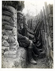 Dogras (along with Highlanders) in a trench with dugouts; Fauquissart, France. Highlanders and Dogras in a trench with dugouts Fauquissart, France (Photo 24-294).jpg