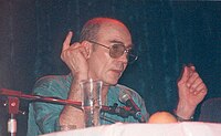 Foto von Thompson mit Sonnenbrille, die in ein Mikrofon spricht