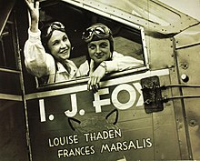 Louise Thaden and Frances Marsalis in the cockpit of Thrush, "I.J. Fox", in which they broke the women's endurance record for a flight of 196 hours 5 minutes in 1932. IJ Fox Thrush J with Louise Thaden and Frances Marsalis, 1932 3.jpg