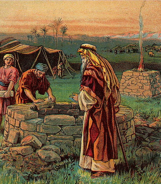 Isaac digging for the wells, imagined in a Bible illustration (c. 1900)