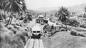 Buff Bay Station in 1960. Jamaican railroad with railcar and station 1960.jpg