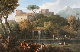 Two Men conversing by a Lake beneath a Castle