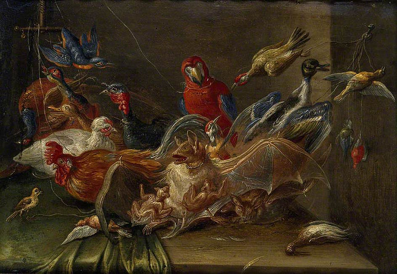 File:Jan van Kessel (I) - Decorative Still-Life Composition with Birds and two Bats.jpg