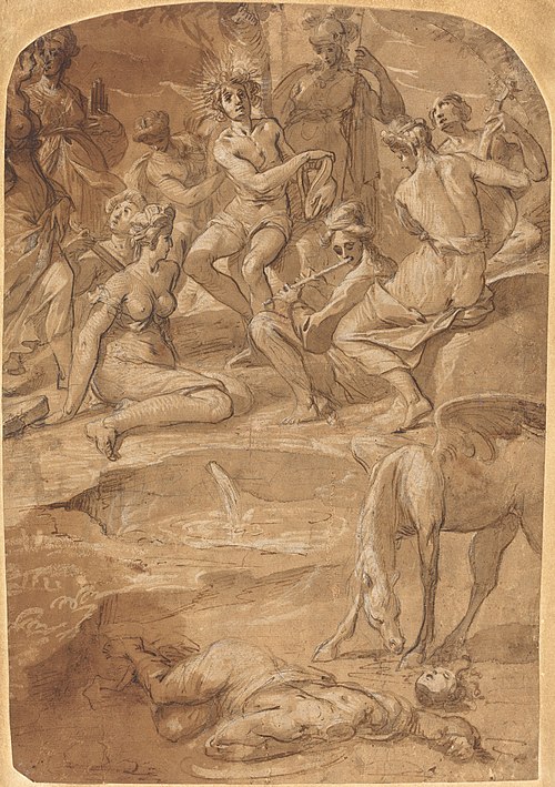 Apollo and the Muses on Mount Parnassus, c. 1650, by Johann Christoph Storer. Held at National Gallery of Art