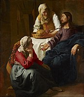 Johannes Vermeer, Christ in the House of Martha and Mary, 1654-56. The red blouse of Mary is painted in madder lake