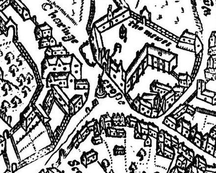 Charing Cross shown on John Norden's map of Westminster, 1593. The map is oriented with north to the top right, and Whitehall to the bottom left.