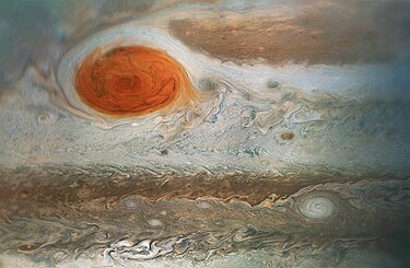 Close up of The Great Red Spot, Taken by the Juno spacecraft, in April 2018. Jupiters iconic Great Red Spot.jpg