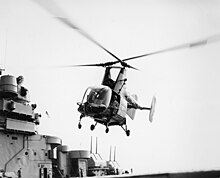 HUK-1 (later renamed UH-43C) on sea trials in 1959. Kaman UH-43C CVS-45 1959.jpg