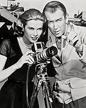 Stewart with co-star Grace Kelly in Rear Window (1954), which allowed him to explore new depths of his screen persona Kelly Stewart Publicity.jpg
