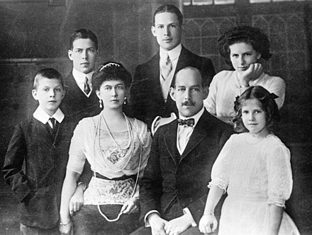 Greek Royal Family in 1914. King Constantine I and Queen Sophia surrounded by their five older children (from left to right): Paul, Alexander, George, Helen and Irene.
