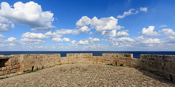 The crenellated parapet on a bastion of Kyrenia Castle, Cyprus