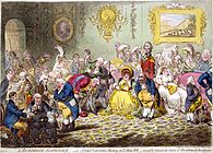 L'Assemblée Nationale («Det store samarbeidsmøtet på St. Ann's Hill»), 1804. Ei rekkje maktpersonar er portrettert i teikningen.