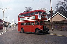 AEC Regent III RT in Morden in April 1973 LT Bus RT 4234 route 157 - geograph.org.uk - 1532633.jpg