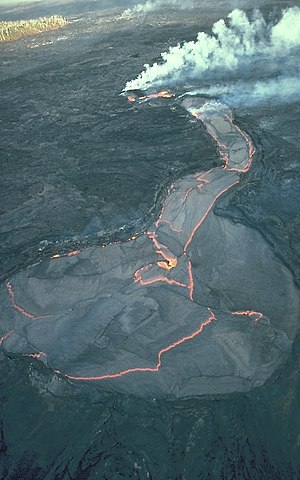 Aerial view of a lava lake atop the Kūpaʻianah...