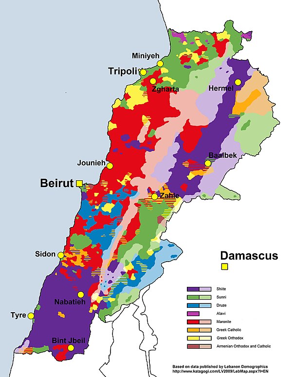 Distribution of Lebanon's religious groups according to 2009 municipal election data.