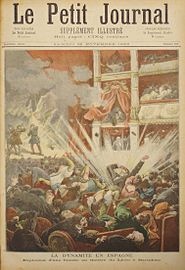 Santiago Salvador anarchista bombázta a barcelonai Liceu Színházat (illusztráció a Le Petit Journal címlapján), 1893. november 7.