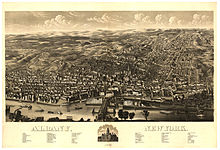 A lithograph of Albany as seen in 1879, with the Albany Basin and Maiden Lane Bridge in foreground. Lithograph of Albany New York in 1879.jpg