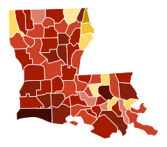 Image 49Map of parishes in Louisiana by racial plurality, per the 2020 U.S. census
Legend



Non-Hispanic White.mw-parser-output .legend{page-break-inside:avoid;break-inside:avoid-column}.mw-parser-output .legend-color{display:inline-block;min-width:1.25em;height:1.25em;line-height:1.25;margin:1px 0;text-align:center;border:1px solid black;background-color:transparent;color:black}.mw-parser-output .legend-text{}  40–50%  50–60%  60–70%  70–80%  80–90%  90%+

Black or African American  40–50%  50–60%  60–70%  70–80% 

 (from Louisiana)