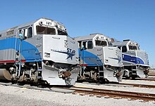 Three EMD F40PH locomotives in use by the WeGo Star lined up within the Lebanon, Tennessee yards. The third F40PH on the far right is a former Amtrak locomotive painted in its original Pacific Surfliner scheme which has since been repainted as of 2020. MCSLineup01 jpg 79417.jpg