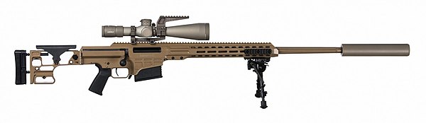 Barrett MRAD (MK 22 PSR) (2013) multi-caliber modular sniper rifle based on an aluminum alloy chassis stock with fully adjustable side-folding buttstock and a front offering rail interface system attachment points, with mounted Picatinny rails for tactical attachments.