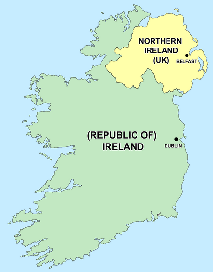 Map of Ireland showing the Republic of Ireland and Northern Ireland and their respective capitals
