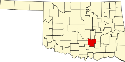 Location of Pontotoc County in Oklahoma Map of Oklahoma highlighting Pontotoc County.svg