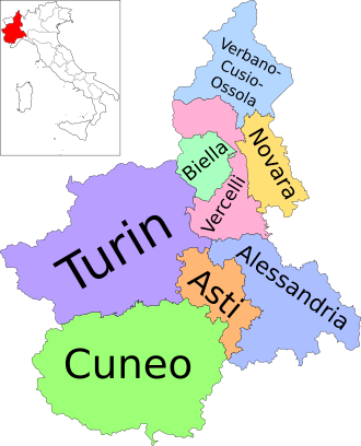 While name Uva Rara means "rare grape" in Italian, the grape is actually widely planted throughout the provinces of Piedmont. Map of region of Piedmont, Italy, with provinces-en.svg