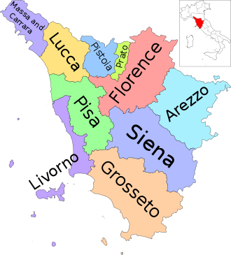 Most plantings of Vermentino nero are found in the northwestern Tuscan provinces of Massa-Carrara and Lucca. Map of region of Tuscany, Italy, with provinces-en.svg