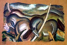Franz Marc, Pferde in Landschaft (Koně v krajině), jedno z děl objevených v Gurlittově sbírce (pravděpodobně 1911, akvarel).