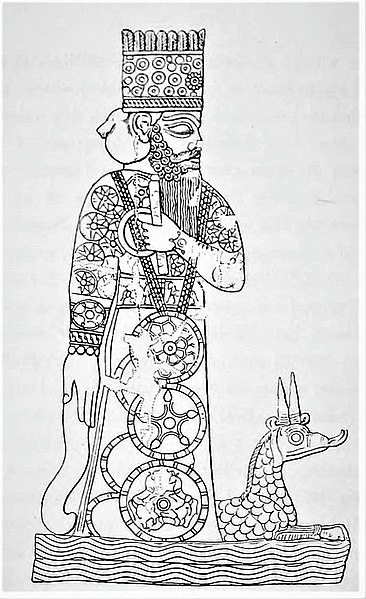 9th century BC depiction from a cylinder seal of the Statue of Marduk, Babylon's patron deity Marduk's main cult image in the city.