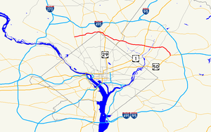 O hartă a zonei metropolitane din Washington, DC, care prezintă drumuri importante.  Maryland Route 410 conectează mai multe suburbii interioare din Maryland.