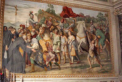 Meeting of St Nilus and Otto III (fresco by Domenichino), between 1608 and 1610. Nilus interceded with Otto to save John XVI, who had been mutilated, defrocked and led through Rome sitting backwards on a donkey. Meeting of St Nilus and Otto III (Domenichino).jpg